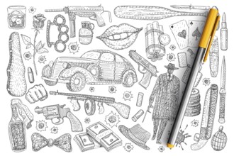 Crimes and robbery symbols doodle set. Collection of hand drawn gun money poison luxury car