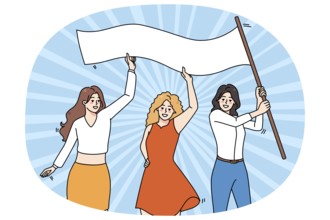 Smiling diverse women with banner for international woman day celebrate together. Happy female