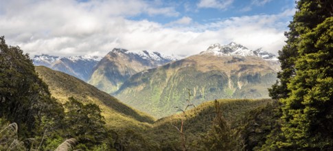 Majestic mountain landscape from famous Routeburn track, Fiordland National Park, South Island of