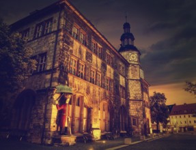 Stadt Nordhausen Rathaus sunset city hall with Roland figure in Thuringia Germany