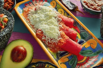 Red enchiladas Mexican food with guacamole and sauces on colorful table