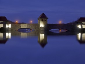 Leipzig's Palmengarten weir in the blue hour. Saxony, Germany, Europe