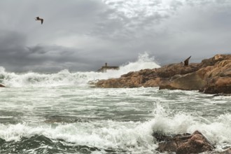 The ocean westbound of Portugal at the water mouth of the River Douro in Porto in autumn