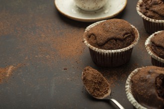 Chocolate and cocoa browny muffins with coffee cappuccino in cup angle view on brown rustic stone