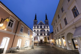 Parish church of St Xavier, blue hour, Leoben, Styria, Austria, Europe