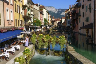 View of Thiou river and the old city of Annecy, the largest city of Haute-Savoie department in