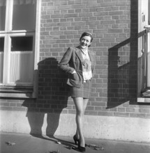 Nylon stockings in the 1950s. The model Solveij Nyhlén pictured outside the swedish factory of