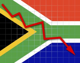 The Republic of South Africa flag and arrow graph going down