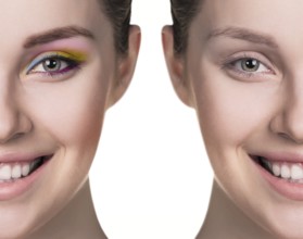 Comparative portrait of female face, without and with makeup