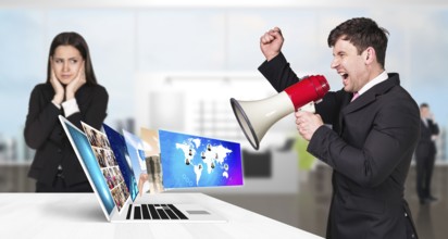 Businessman stands near laptop with many screens and scream to loudspeaker. Elements of this image