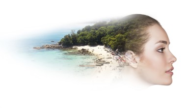 Double exposure of beautiful young woman beach over white background