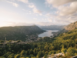 View of the valley of the Bay of Kotor surrounded by a high mountain range. Montenegro. Drone.