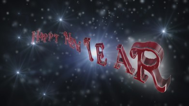 Happy New Year Text On Black Backround Full of Snow, Stars and Light