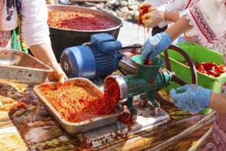 Ajvar (Ljutenica) is a pepper-based condiment made principally from red bell peppers. It may also
