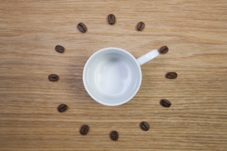 Coffee Time - Empty coffee cup and clock of coffee beans