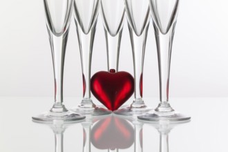 Five champagne glasses and red heart on a glass plate