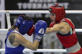 Sofia, Bulgaria. 27th February, 2021. Stanimira Petrova (red) of Bulgaria and Karina Tazabekova of
