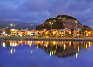 Denia port sunset dusk in marina at Alicante Mediterranean Spain