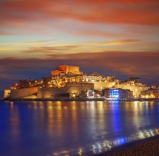 Peniscola skyline and castle beach sunset in Castellon of Spain