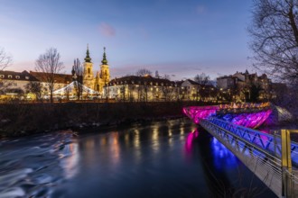Illuminated Murinsel, Mariahilferkirche in the background, night shot, Graz, Styria, Austria,