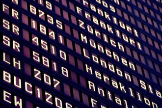 Close-up of information board at the airport with travel destinations