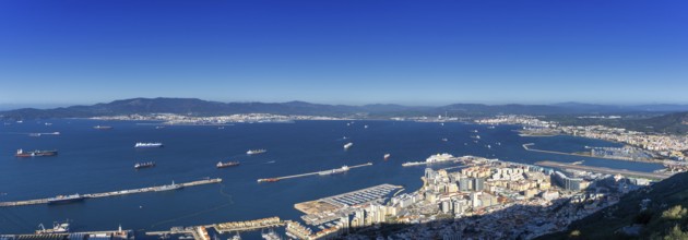 Gibraltar, United Kingdom, 27 April, 2024: panorama view of Gibraltar and the airport with La Linea