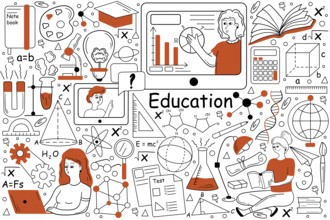 Education doodle set. Collection of hand drawn templates patterns of pupils students learning