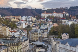 View of historical center of Karlovy Vary from hill, Czech republic