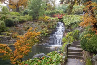 Amazing waterfall in japanese garden of Kaiserslautern. Orange color of Autumn in Germany !