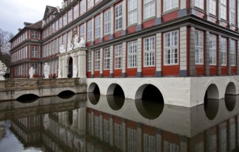 Wolfenbüttel Castle Portal façade partial view with moat and castle bridge present appearance