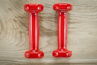 Red dumbbell weights on wooden board fitness concept