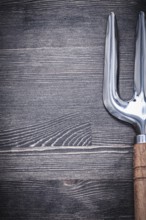 Gardening stainless trowel fork on wooden board agriculture concept