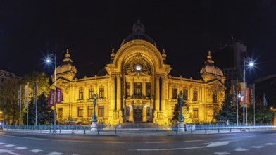 A picture of the Palace of the Deposits and Consignments at night