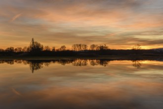 Trees reflecting in the water at sunset. Winter landscape red and orange sky. Bas-Rhin, Alsace,
