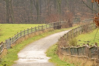 Peaceful countryside landscape featuring a winding gravel path, wooden fences, and lush green