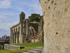 View of the historic ruins of Glastonbury Abbey, Glastonbury, Somerset, UK