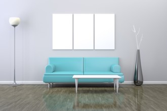 A blue room with a sofa and background for your own content