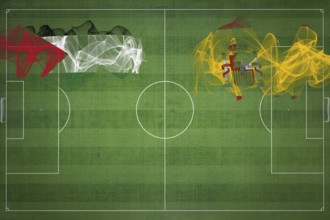 Palestine vs Spain Soccer Match, national colors, national flags, soccer field, football game,