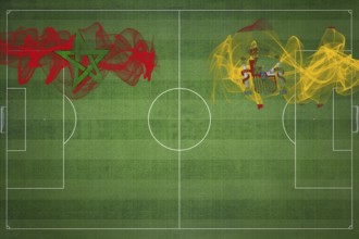 Morocco vs Spain Soccer Match, national colors, national flags, soccer field, football game,