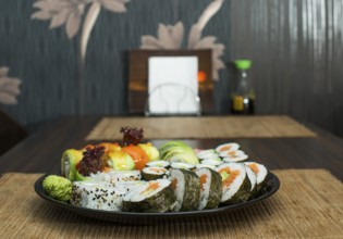 Plate of sushi in restaurant
