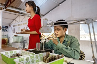 A man concentrates on his work while a woman stands next to him, pearl farm in Halong Bay, Vietnam,
