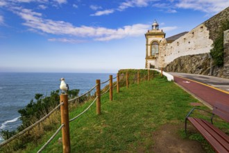 Beautiful road to the Lighthouse. Unusual impressive architecture of the Luarca. Atlantic coast,