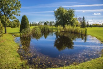 Adorable oval pond in the beautiful park. Red and orange autumn in French Canada. Concept of