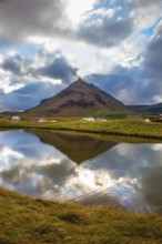 Quiet summer evening on Iceland. Sunset in the fishing village of Arnastapi