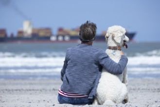 Woman sits together with her dog, a white poodle, amicably familiar on the beach in the sunshine,