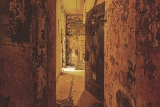 Dilapidated corridor with open doors and rusty walls, gloomy and mysterious, Prison H11, Lost