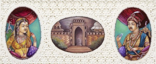 Miniature painting of Mughal Emperor Akbar With Wife Jodha Bai