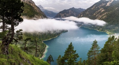 Lake Plansee near Reutte in Tyrol with low clouds over the lake