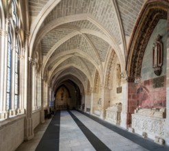 Burgos, Spain, 14 April, 2024: view of the cloister hallway in the Burgos Cathedral, Europe