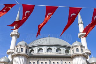 A picture of the Taksim Mosque with many Turkish flags hanging nearby